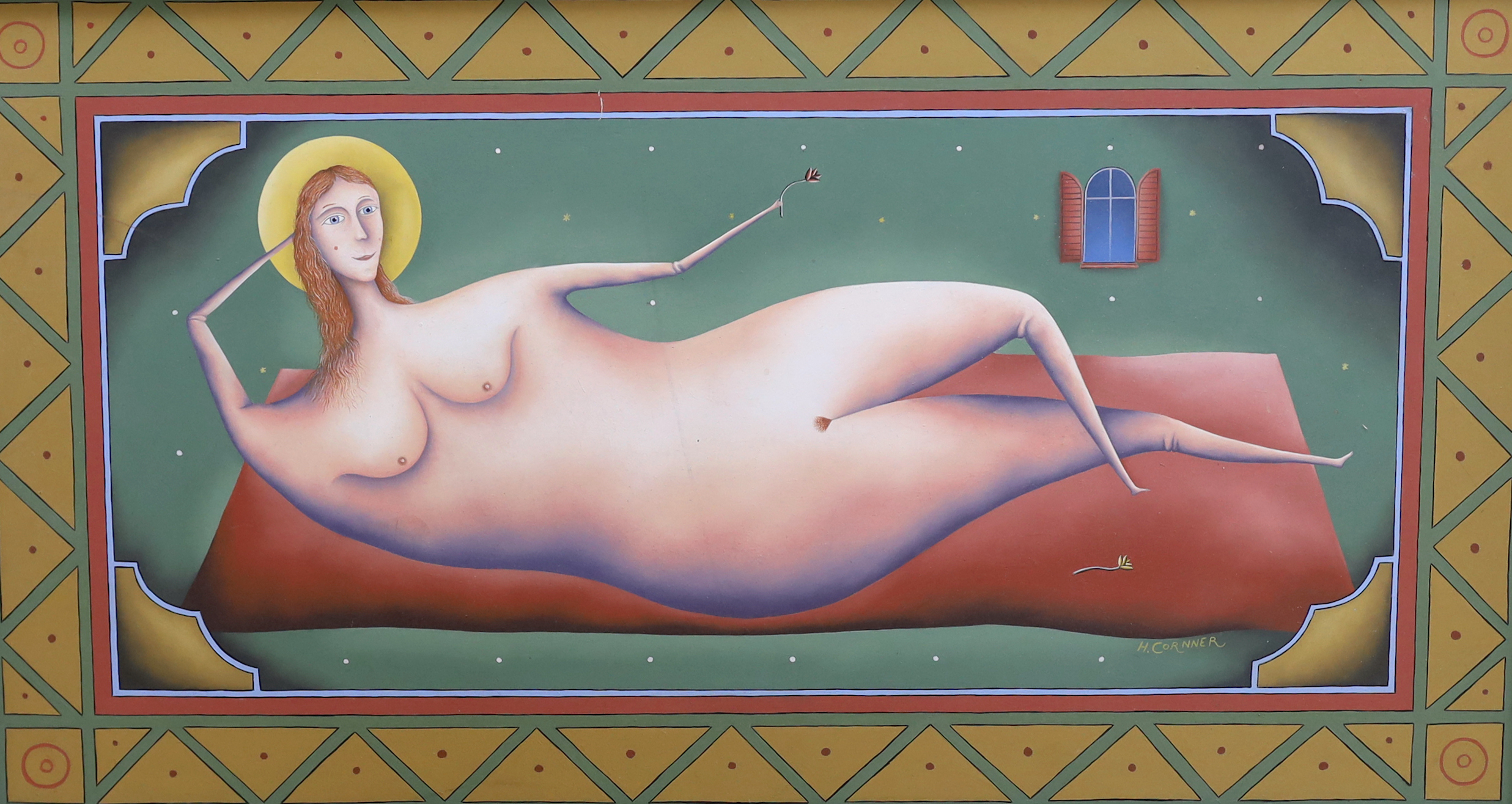 Haydn Cornner (b.1961), oil on board, Reclining nude lady with geometric border, 60cm x 33cm